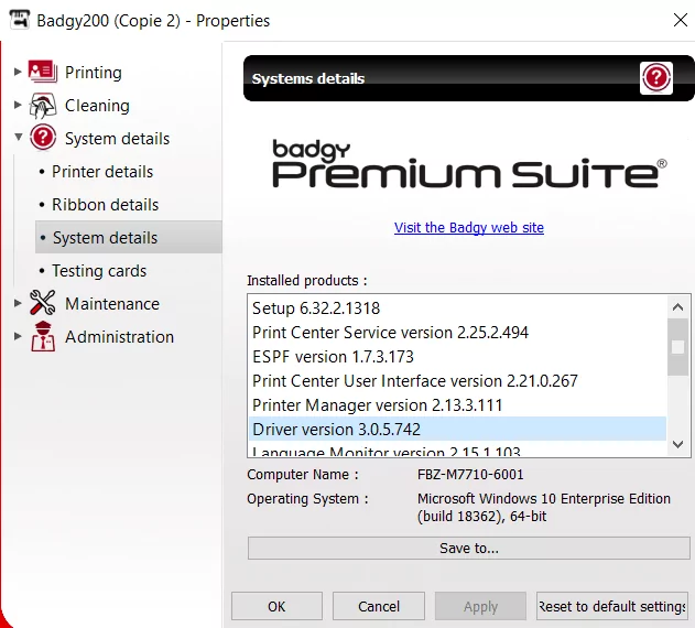 Badgy - System info panel - Checking the driver version