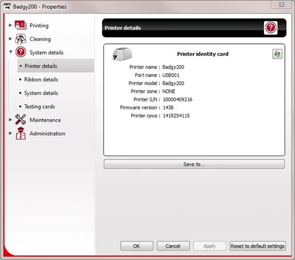 Identification du firmware Badgy via le centre d'impression